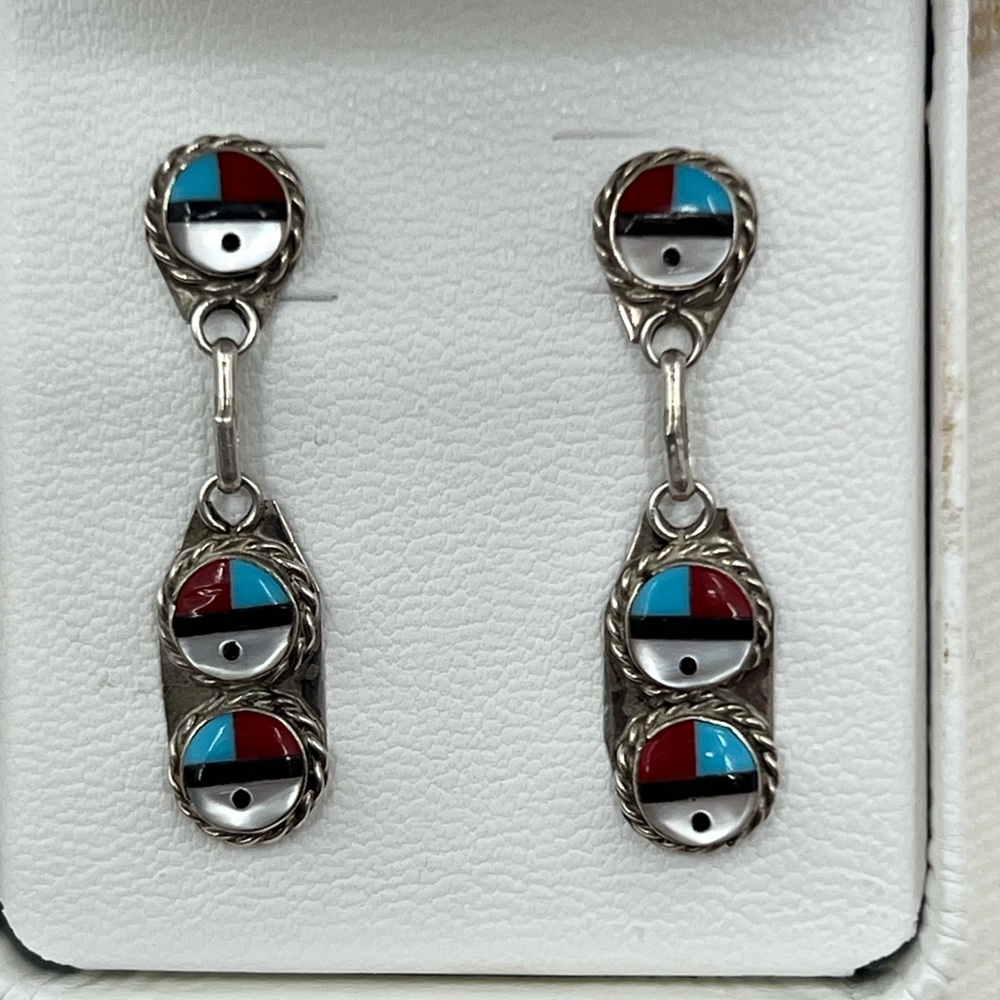 Native made sterling silver 925 Zuni sunface dangle stud earrings